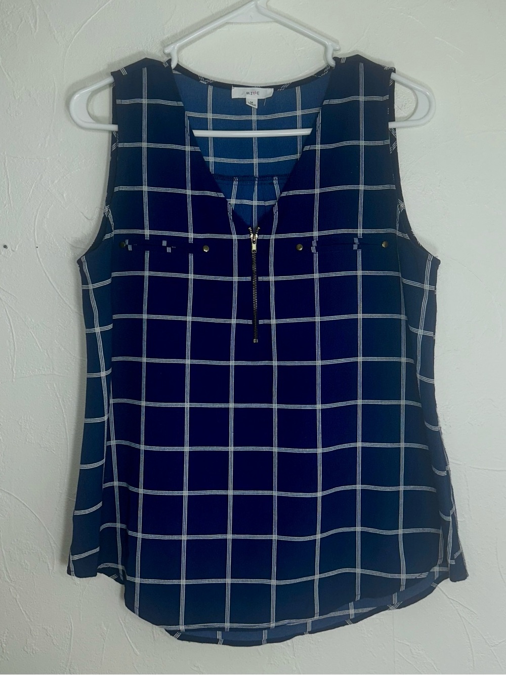 Sleeveless Navy Windowpane Zip Front Blouse